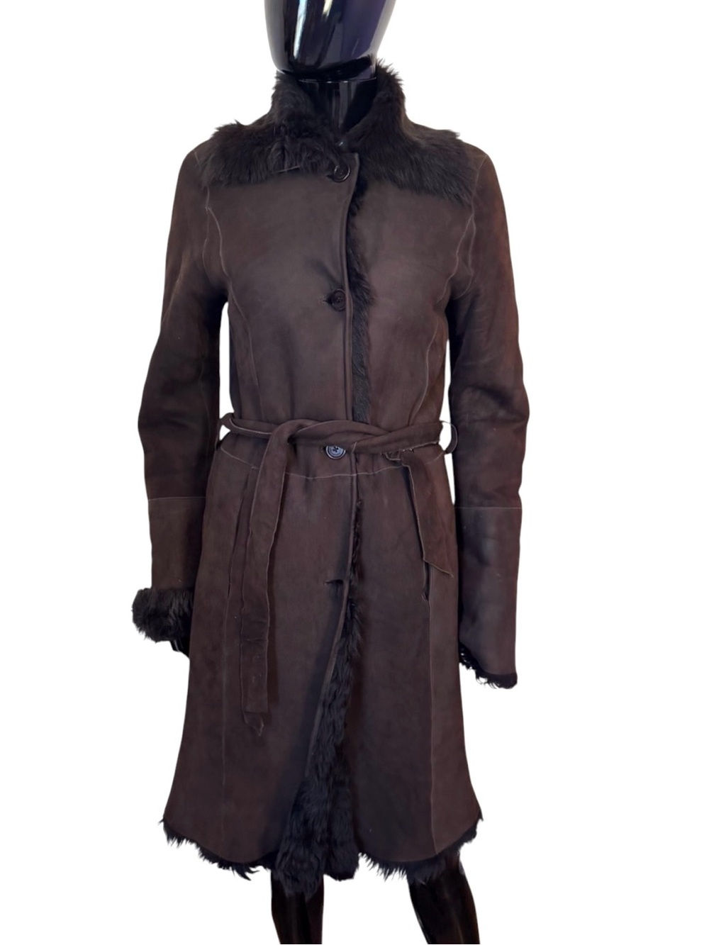 Faconnable Women’s Brown 100% Shearling Lamb Fur Coat Belted Made Italy S